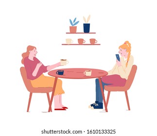 Couple of Girl Friends Sitting at Table Drinking Beverages Using Mobile Phones and Communicating. Female Characters Friendship, Women Chatting Having Leisure Sparetime Cartoon Flat Vector Illustration
