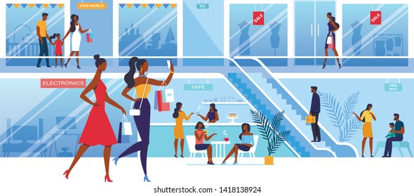 Couple of Girl Friends Spending Time Together Walking in Huge Mall for Shopping and Making Selfie. Leisure, Spare Time, Young Women Video Bloggers Recording Vlog. Cartoon Flat Vector Illustration.