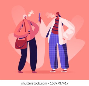 Couple of Girl Friends Stand Face to Face Communicate and Smoking Vapes. Teenagers Lifestyle, Youth Fashion. Hipster Women in Stylish Clothing Vaping in Bar or Street. Cartoon Flat Vector Illustration