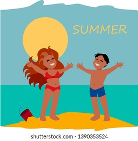 Couple girl and guy on the summer beach on a white background

