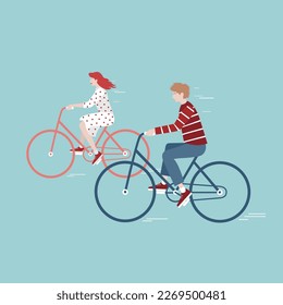 A couple of a girl and a guy ride bikes, a vector illustration in a cartoon style on a blue background