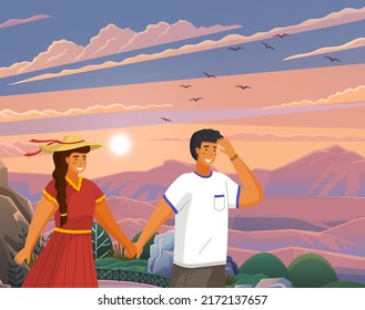 Couple of girl and guy walking in park or countryside, people walk at nature holding hands, woman and man spend leisure time together, outdoors activity, evening view with mountaine landscape