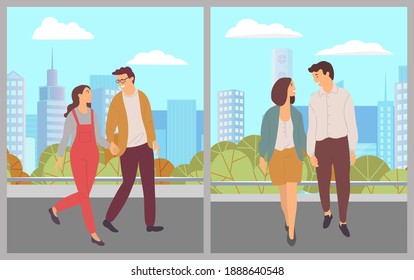Couple of girl and guy walking in urban park, people walk at nature hugging each other, students holding hands, city buildings at background, woman man spend leisure time together, outdoors activity