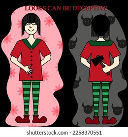 Couple girl in red dress and green striped stockings with inscription looks can be deceptive. Appearance is a deceptive concept. A girl with an axe on her back.