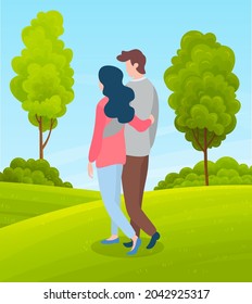 Couple of girl and smiling guy walking in park or countryside, people walk at nature holding hands, woman and man spend leisure time together, outdoors activity, summer view with green hills