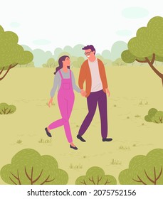 Couple of girl and smiling guy walking in park or countryside, people walk at nature holding hands, woman and man spend leisure time together, outdoors activity, summer view with green hills