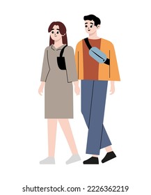 Couple of girl and smiling guy walking, people walk holding hands, woman and man spend leisure time together, outdoors activity