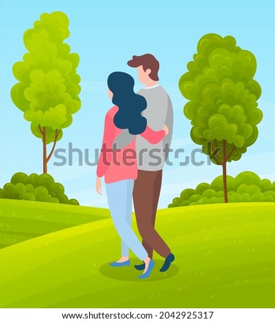 Couple of girl and smiling guy walking in park or countryside, people walk at nature holding hands, woman and man spend leisure time together, outdoors activity, summer view with green hills