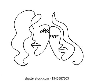 Couple girlfriend and sisters. Woman face with wavy hair. Fashion, friendship and love concept. Black and white hand drawn line art. Abstract outline vector illustration