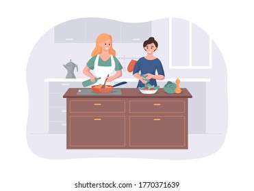 Couple girlfriends cooking on kitchen table. Two girls meal preparation for dining together. Vector cartoon female characters cooking scene