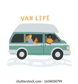 Couple of girls with a dog  riding a campervan. Hand drawn flat vector illustration. Van life movement concept. Template for banner.