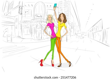 couple girls friends taking self photo picture with cell phone, young woman happy smiling in camera street city view draw sketch shops buildings, vector illustration