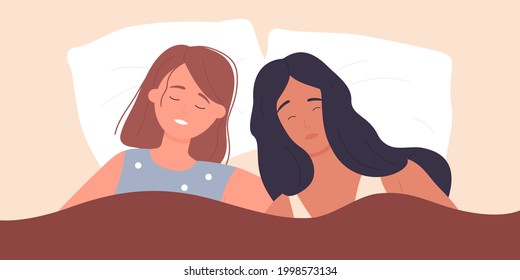 Couple girls sleep in bed at night, bedtime vector illustration. Cartoon asleep young woman lying on pillow under blanket, female lovers characters sleeping together, bedroom top view background