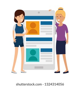 couple girls with smartphone