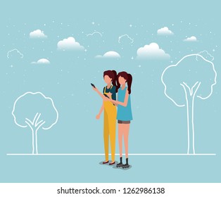 couple of girls using smartphone