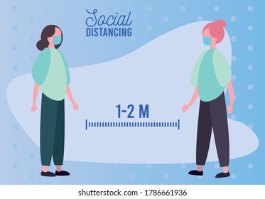 couple girls wearing medical mask practicing social distance vector illustration design
