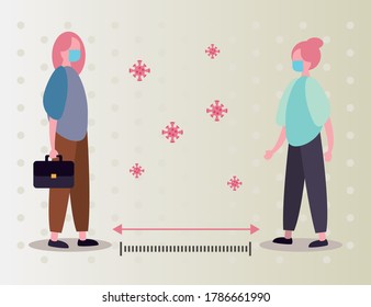 couple girls wearing medical mask practicing social distance vector illustration design