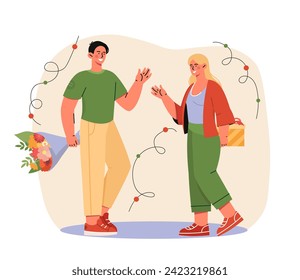 Couple gives gifts concept. Man with bouquet and woman with present box. Love, romance and care. Holiday and festival celebration. Cartoon flat vector illustration isolated on white background