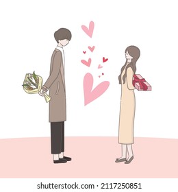 couple gives gifts to each other, cute couple character, love event