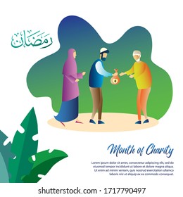 a couple giving charity. a man and woman giving food to poor people in month of ramadan. Arabic text ramadan means month of fasting for muslim. 