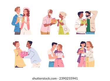 Couple giving gift. Couples gifting, guy give present to girlfriend, friend boyfriends or romantic lovers surprise, woman getting gifts on anniversary, classy vector illustration of gift man present