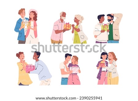 Couple giving gift. Couples gifting, guy give present to girlfriend, friend boyfriends or romantic lovers surprise, woman getting gifts on anniversary, classy vector illustration of gift man present