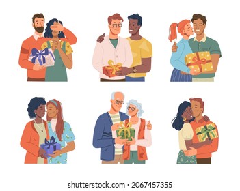 Couple giving gift to each other isolated cartoon people set. Vector husband and wife, man gay and woman lesbian partners, elderly grandmother and grandfather, multiracial family present box surprise