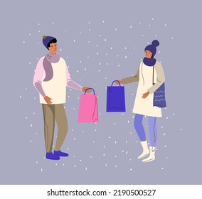 Couple giving gift to each other. Winter romantic banner, poster, flyer, card, flat cartoon vector illustration