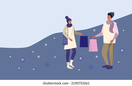 Couple giving gift to each other. Winter romantic banner, poster, flyer, card, flat cartoon vector illustratio