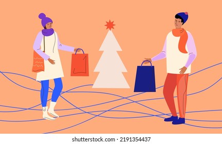 Couple giving gift to each other. Winter romantic banner, poster, flyer, card, flat cartoon vector illustration.