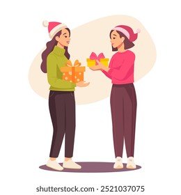 Couple giving gift to each other isolated cartoon people set. Happy people with Christmas gifts. Set of merry woman holding and carrying wrapped New Year present boxes. Giftboxes for winter holidays. 