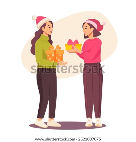 Couple giving gift to each other isolated cartoon people set. Happy people with Christmas gifts. Set of merry woman holding and carrying wrapped New Year present boxes. Giftboxes for winter holidays. 