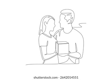 Couple giving gifts. Couple Anniversaries concept one-line drawing