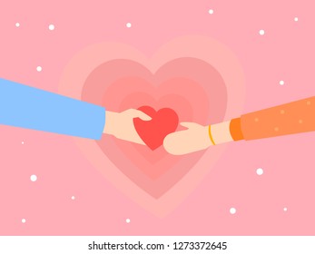 Couple giving hearts. Give and share your love to people. Hands holding a heart symbol in pink background. Flat design, vector illustration. - Vector