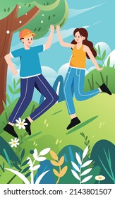 Couple giving high fives with forest and trees in the background, vector illustration