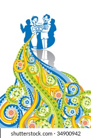 Couple with glasses in abstract collage. Format A4. Vector illustration. Isolated groups and layers. Global colors.