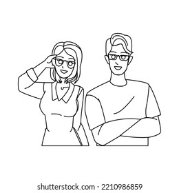couple glasses line pencil drawing vector. woman happy, man young love, portrait girl, smile lifestyle, male fashion eyewear couple glasses character. people Illustration