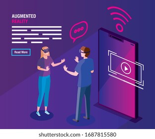 couple with glasses of reality augmented and smartphone vector illustration design