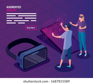 couple with glasses of reality augmented and smartphone vector illustration design