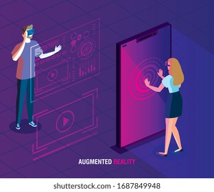 couple with glasses of reality augmented and smartphone vector illustration design