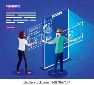 couple with glasses of reality augmented and smartphone vector illustration design