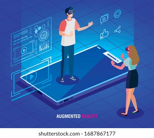couple with glasses of reality augmented and smartphone vector illustration design