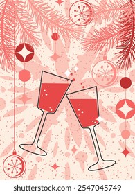 A couple of glasses of sparkling wine on a pink background. Celebrating New Year, Christmas or other holiday. Vector.