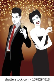 Couple with glasses of white wine. Vector Illustration.