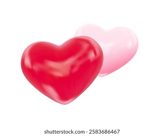 Couple of glossy red and pink 3d hearts. Symbols of love, romantic. Valentine's Day elements. Vector Illustration for design romantic events, valentine, certificate, banner.