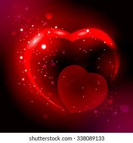Couple of  glowing hearts in the dark magic space. Valentines Day template