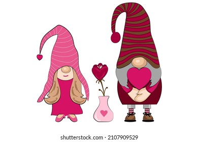 Couple of gnomes in love and a flower in a vase. Valentine's day card. Vector illustration