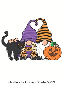 Couple Gnomes Pumpkin Cat Happy Halloween Vector illustration. Happy Halloween Background Vector illustration