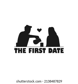 Couple go on a date simple black vector silhouette illustration.