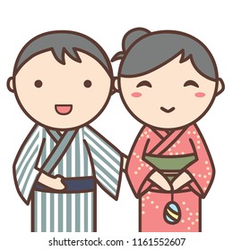 Couple go summer festival together. They wear Japanese traditional Yukata. Yukata is Japanese summer kimono.